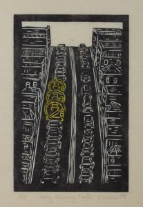 "Early Morning Traffic" 1998 [Linocut, 24.5x16cm - Printmaking 2nd Prize Royal Melbourne Show 1998]