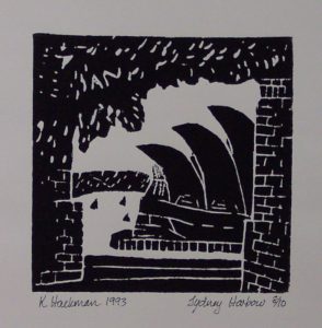"Under the Harbour Bridge" 1994 [Linocut, 15x15cm]